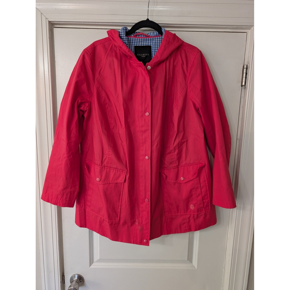 Talbots Woman Pink Hooded Rain Jacket Gingham Lining Cotton Utility Coat 1X